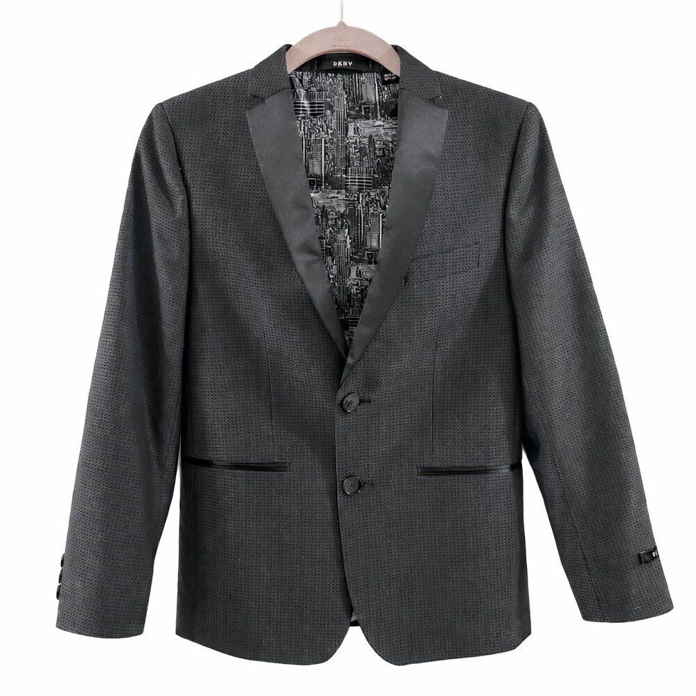 DKNY Boys Skinny Fit Tuxedo Blazer Black Textured Shawl Lapel Formal Jacket 12R